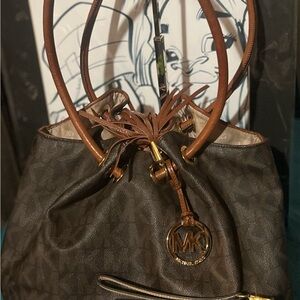 Michael Kors Dark Brown Monogram Shoulder Bag w/ Wallet Set.